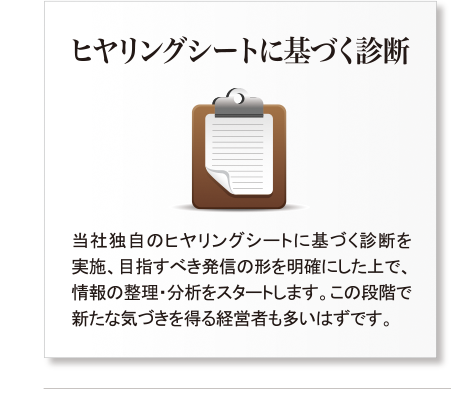 当社独自のヒヤリングシートに基づく診断を実施、目指すべき発信の形を明確にした上で、情報の整理・分析をスタートします。この段階で新たな気づきを得る経営者も多いはずです。